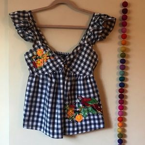 Ruffle cap sleeve blue embroidered top